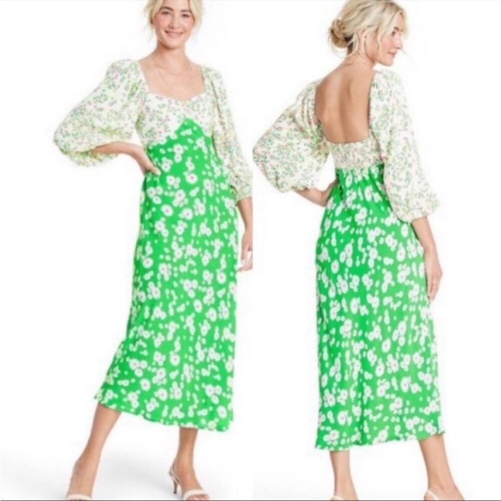 Rixo x target collaboration daisy dress tulip print green bishop sleeve
